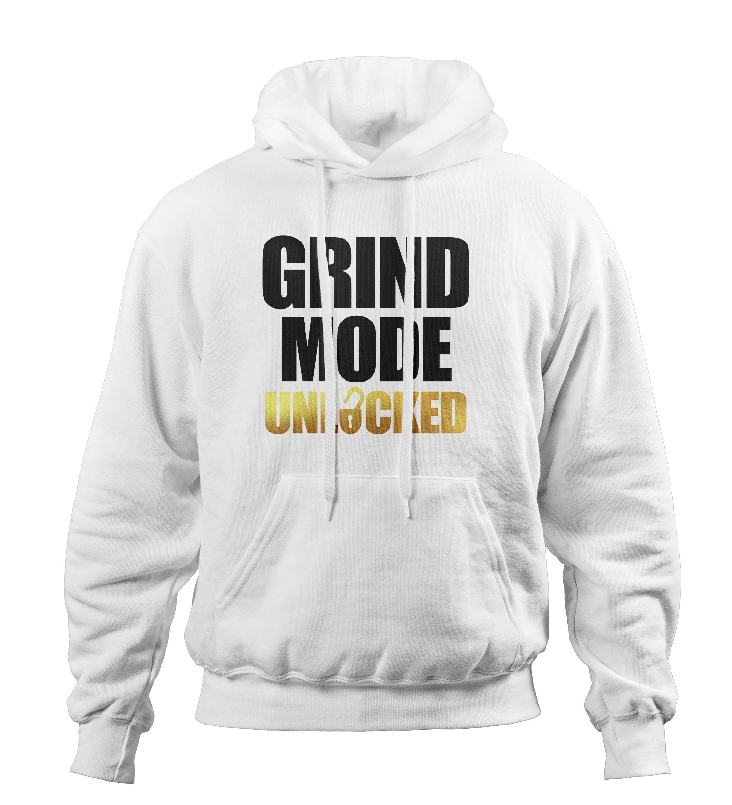 Grind Mode Unlocked White Hoodie (Black and Gold)