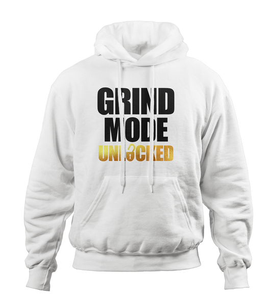 Grind Mode Unlocked White Hoodie (Black and Gold)